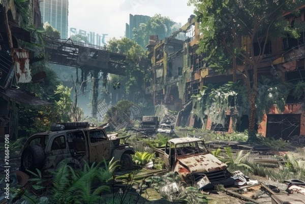 Obraz A post-apocalyptic cityscape with abstract ruins, overgrown vegetation, and abandoned vehicles, Generative AI