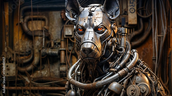 Fototapeta Cyberpunk-Inspired Metallic Robot Dog with Glowing Red Eyes in Industrial Setting