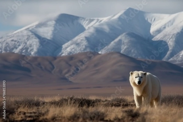 Fototapeta A polar bear stands in the desert, looking out over the mountains