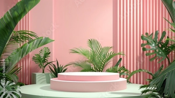 Fototapeta A pink and green room with a large round table in the center