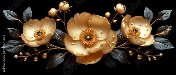 Obraz a three flowers with gold leaves and berries on a black background