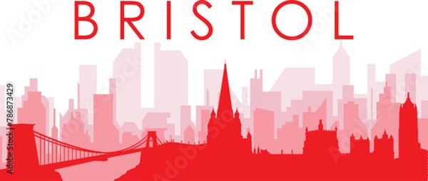 Fototapeta Red panoramic city skyline poster with reddish misty transparent background buildings of BRISTOL, UNITED KINGDOM