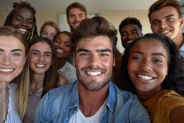 Fototapeta Multicultural happy people taking group selfie portrait in the office, diverse people celebrating together, Happy lifestyle and teamwork concept