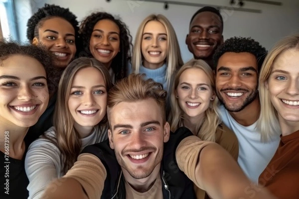 Fototapeta Multicultural happy people taking group selfie portrait in the office, diverse people celebrating together, Happy lifestyle and teamwork concept