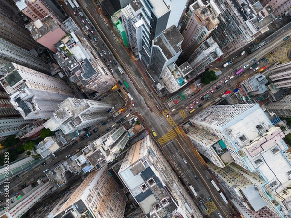 Fototapeta North Point, Hong Kong: Overhead aerial view of a road intersection in the very crowded North Point district in Hong Kong island in China