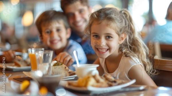 Fototapeta Happy kid and his sister enjoying in buffet breakfast while being in hotel with their parents. Generative Ai