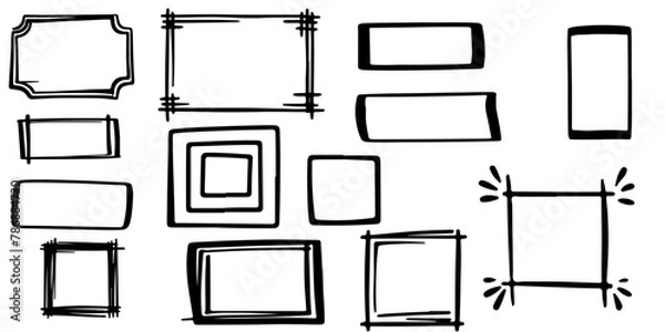 Obraz continuous one black line freehand drawing black square frame set line stroke scribble different element collection vector