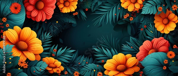 Fototapeta a colorful floral background with orange and green flowers