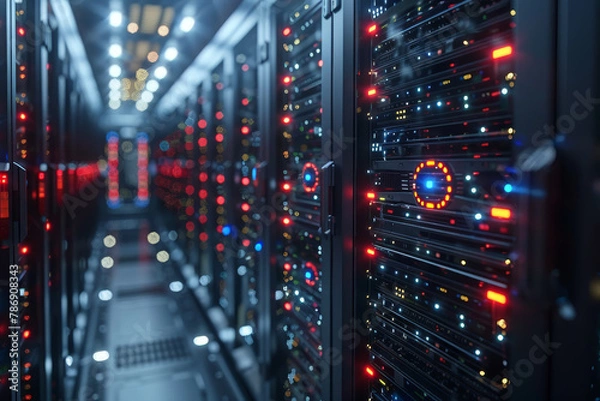 Obraz Perspective view inside a modern data center server room with racks of servers illuminated by red LED lights..