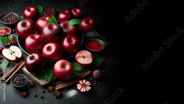 Fototapeta Red apples on dark wooden background Autumn harvest Flat lay Selective focus, generative ai