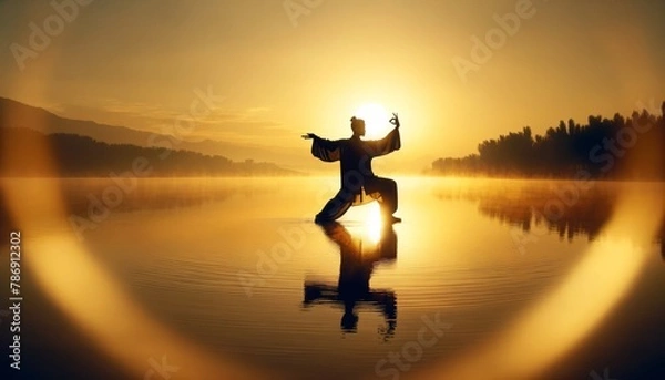 Fototapeta A silhouette of a person practicing Tai Chi by a calm lake at dawn, with golden light shimmering on the water.
