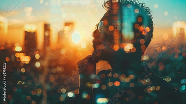 Fototapeta Double exposure image of business man standing back view with cityscape