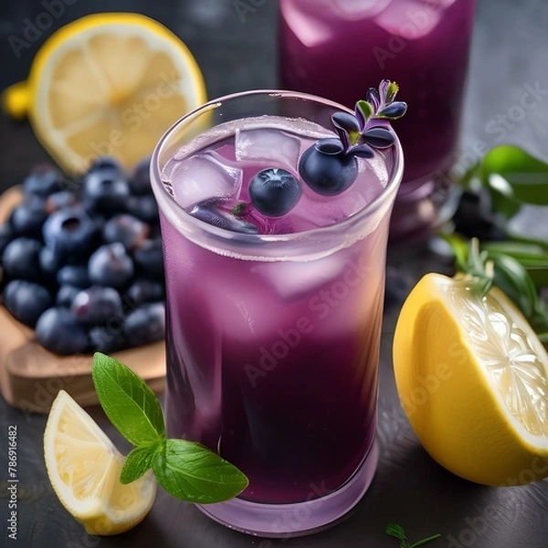 Fototapeta A refreshing blueberry lavender lemonade with a blueberry, lavender, and lemon garnish3