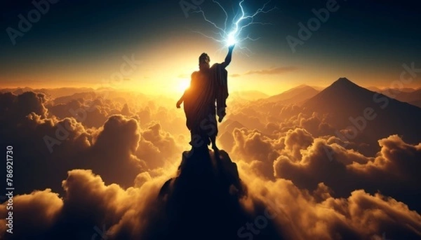 Fototapeta An image of Zeus standing atop Mount Olympus as dawn breaks.