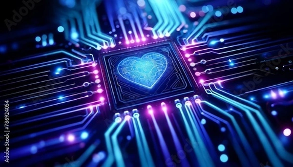 Fototapeta A digital or tech-inspired abstract design featuring an array of neon blue and purple circuit lines converging into a glowing, digital heart symbol in.