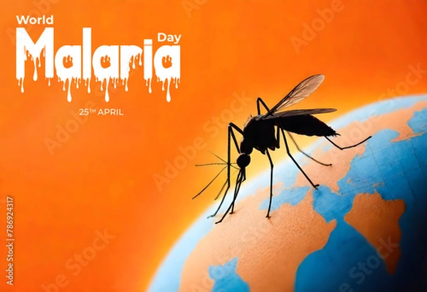 Obraz World Malaria Day. Mosquito and world map Globe. Gnat mosquito ban icon. Stop malaria symbol Illustration. April 25. Important day mosquitoes causing malaria day, banner design