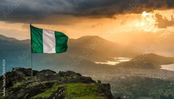 Fototapeta The Flag of Nigeria On The Mountain.
