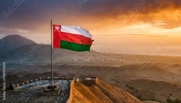 Fototapeta The Flag of Oman On The Mountain.