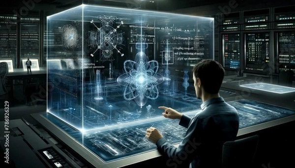 Obraz A researcher examining complex quantum computing equations on a transparent digital board, with qubit and entanglement visualizations in the foregroun.