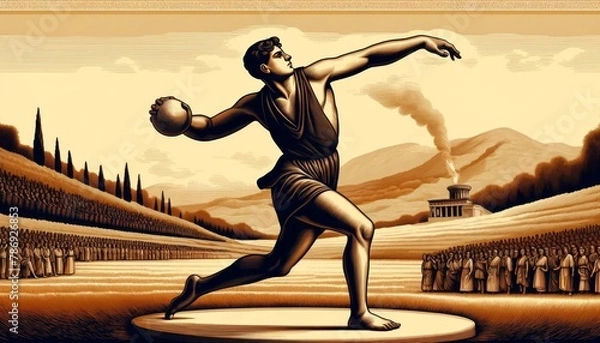 Fototapeta An Olympic athlete in ancient Greece, captured in the dynamic act of throwing a discus.