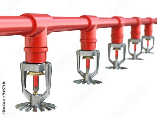 Fototapeta Row of fire sprinklers with vacuum sealed glass tube isolated on white background - 3D illustration
