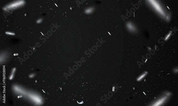Fototapeta Silver confetti flying on transparent background with glitter particles for celebration party, Christmas, New Year, Carnival festivity, Valentine’s Day, Holiday, birthday, festive event. Vector EPS10.