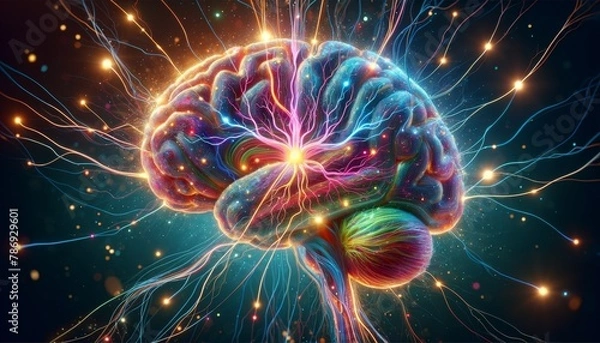 Fototapeta A hyper-detailed and vibrant cross-section of the human brain with highlighted neural pathways and sparking synapses.