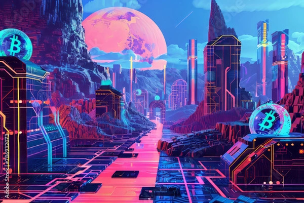 Fototapeta A futuristic scene featuring a clash between blockchain-inspired cryptocurrencies and traditional fiat money, depicted through surrealistic art with a neon color palette and vivid contrasts.