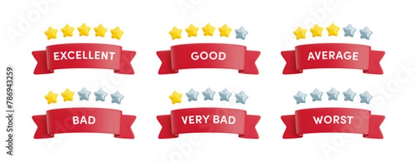 Fototapeta Vector 3d set of red ribbon banners with various quality ratings from excellent to worst, with five star ratings. Realistic cartoon 3d render feedback, customer review concept for web, ui, game, app