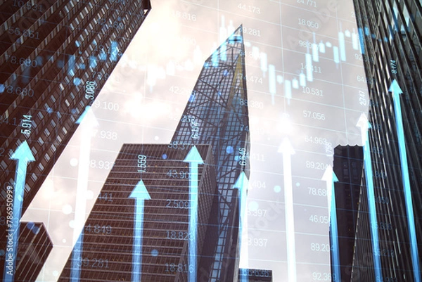 Fototapeta Abstract growing blue vertical arrows and candlestick forex chart on blurry city index grid texture. Economic growth and increase concept. Double exposure.