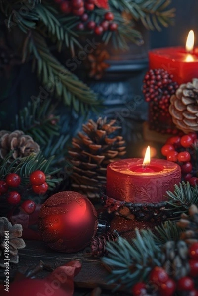 Fototapeta Close up of a lit candle surrounded by pine cones. Perfect for holiday and cozy atmosphere concepts