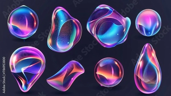 Fototapeta Vibrant shimmering forms. Collection of separate prismatic fluid orbs.