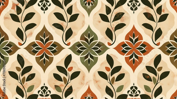 Fototapeta Moorish garden patterns, floral intricacy in ruby and gold on dusky pink.