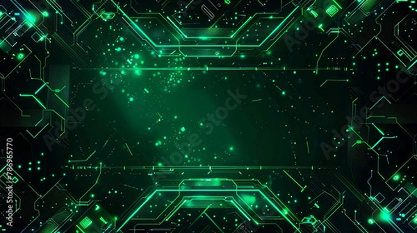 Obraz Dynamic tech particles and circuits in neon green, 3D matrix ready for text.