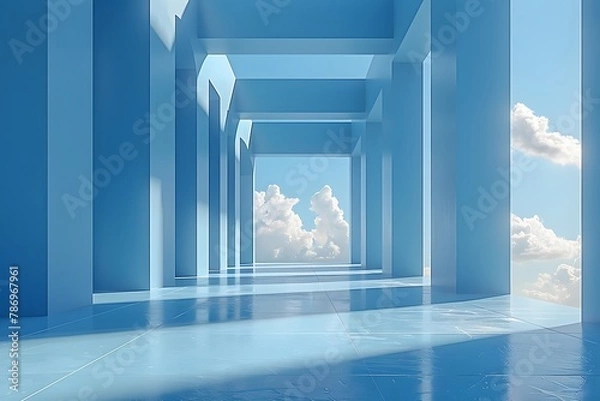 Fototapeta Empty Room With Blue Walls and Sky Background. Generative AI