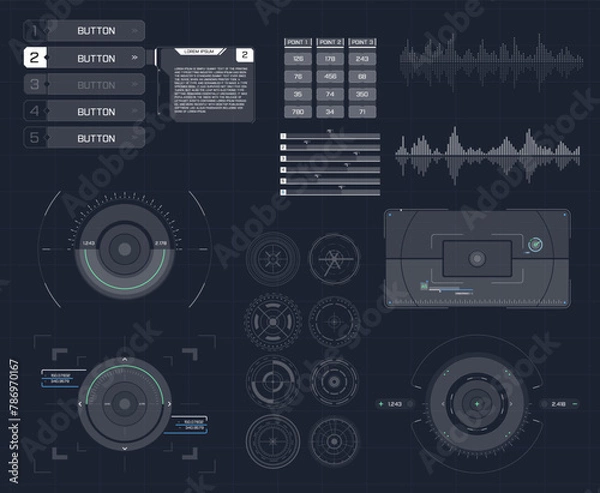 Fototapeta set of black and white infographic elements. 
Head-up display elements for the web and app. 
Futuristic user interface.