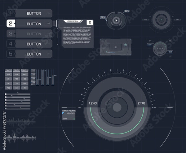 Fototapeta Circle Abstract digital technology UI,UX Futuristic HUD, FUI, 
Virtual Interface. Callouts titles and frame in Sci- Fi style. Bar labels, 
info call box bars. Aim