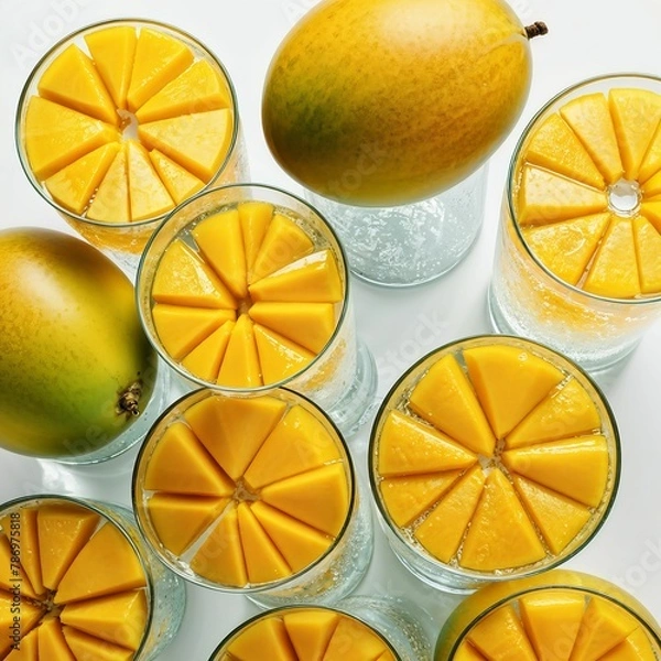 Fototapeta Top view on mango drinks and fruits