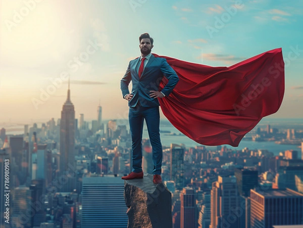 Fototapeta Captured against the backdrop of a sun-kissed cityscape, a man in a suit with a flowing red cape stands symbolically on a precipice, evoking the spirit of ambition and the dawn of new achievements