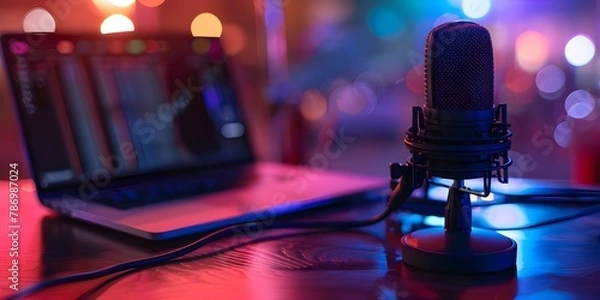 Obraz photo of podcast microphone and laptop on desk.