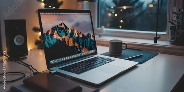 Obraz photo of podcast microphone and laptop on desk.