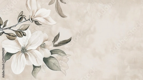 Fototapeta A subtle and sophisticated illustration featuring white flowers with grey foliage against a textured beige backdrop The artwork exudes tranquility and elegance, ideal for decor
