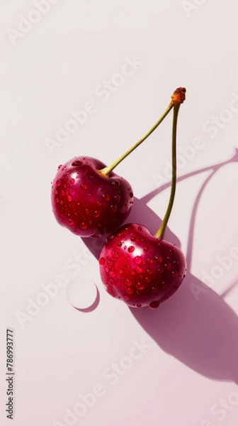 Fototapeta A pair of red cherries on top of light pink background, with some drops, macro photography. Minimalistic style. Shadows. Summer fruits idea.