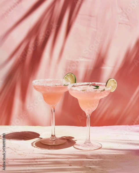 Fototapeta Two pink margaritas with salted rim and garnished fresh green slice of  lime on top, light pastel pink background. Sunlight, shadows, summer drinks idea.