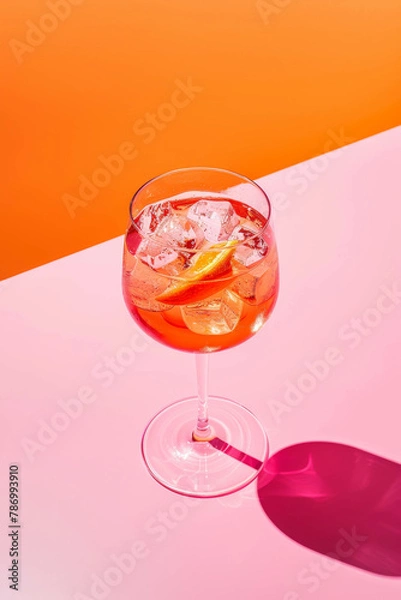 Fototapeta Aperol spritz cocktail in wine glass, pink background, product photography, bright and vibrant summer colors. Summer drinks idea.
