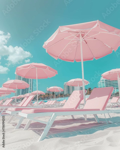 Fototapeta A aesthetic photo of pink and white beach chairs lined up on Miami Beach with umbrellas and buildings in the background, giving an aesthetic vibe with cool pastel colors. Summer concept.