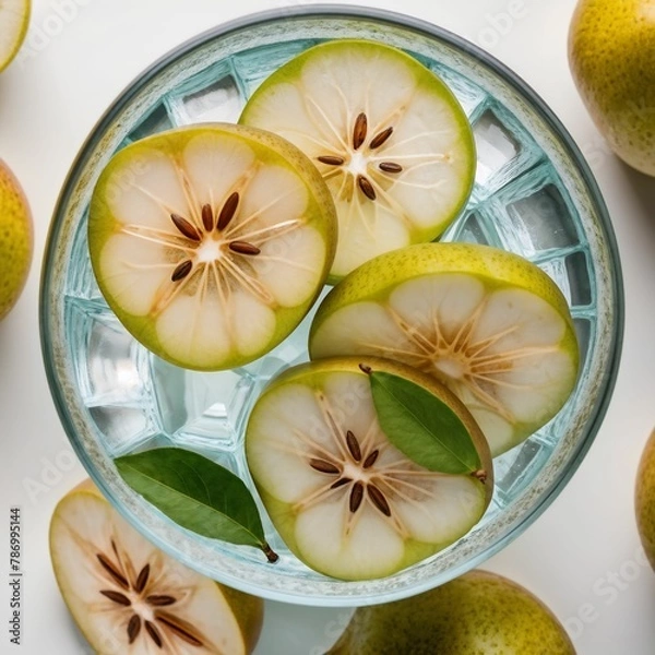 Fototapeta Top view on a refreshing drink with pear slices 