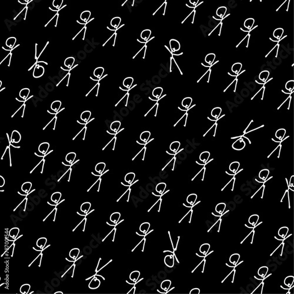 Fototapeta Endless stick man black and white illustration. White outlined stick men arranged in diagonal rows against black background vector seamless pattern. High contrast sharp monochrome surface art.