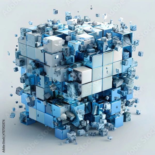 Fototapeta the blue and white cube is made of a variety of pieces, in the style of futuristic retro, modular construction, , ultra detailed, innovating techniques, light blue,