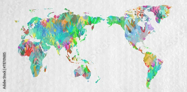 Obraz World map with hands in different colors